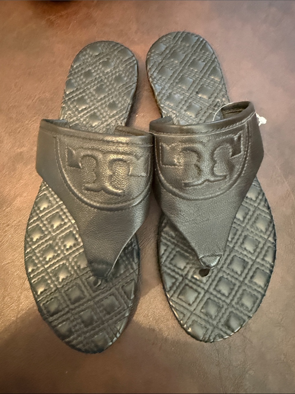 Black Tory Burch  Leather Logo Thong Sandals